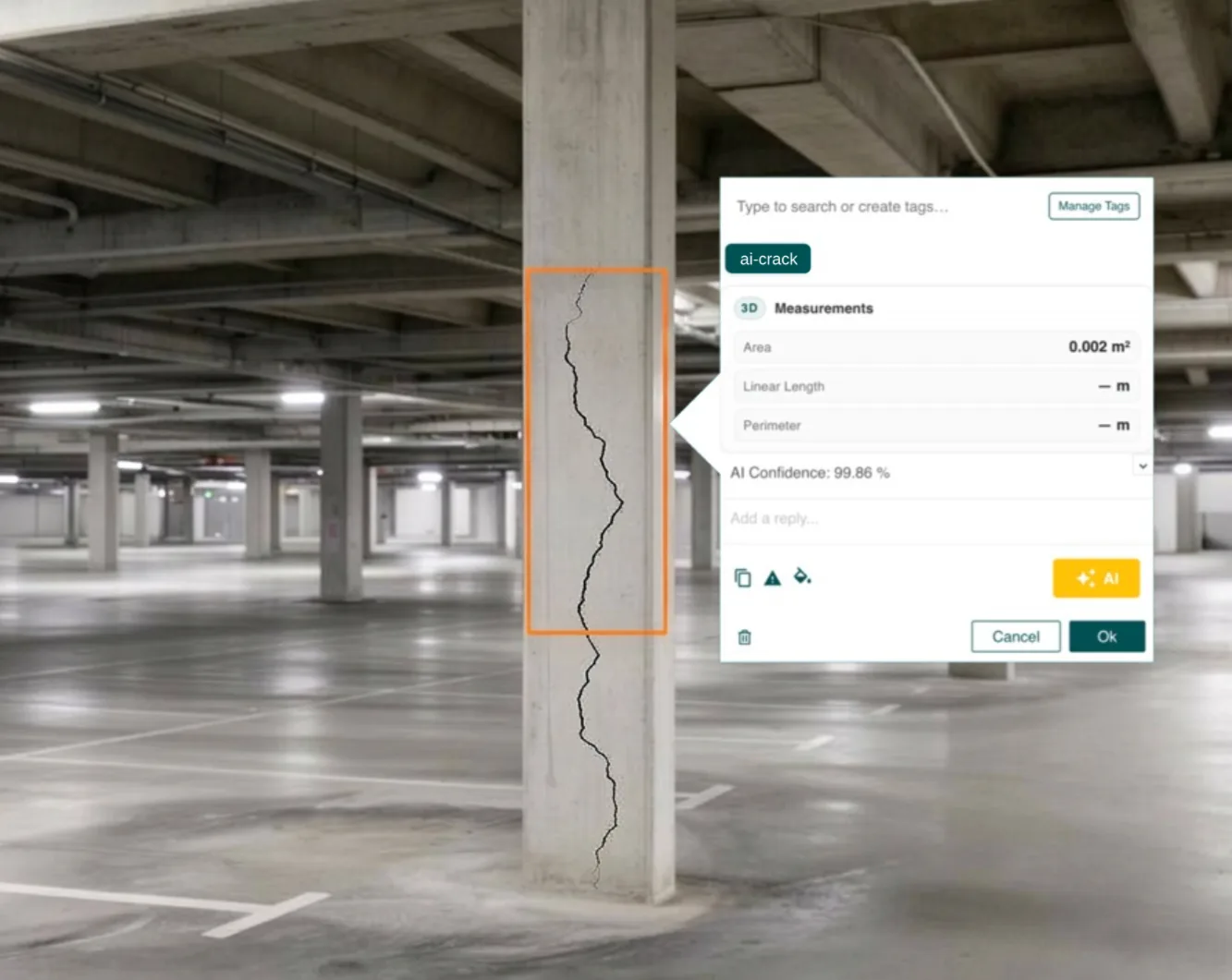 Concrete parking structure column with a crack highlighted and measured by AI in Hammer Missions