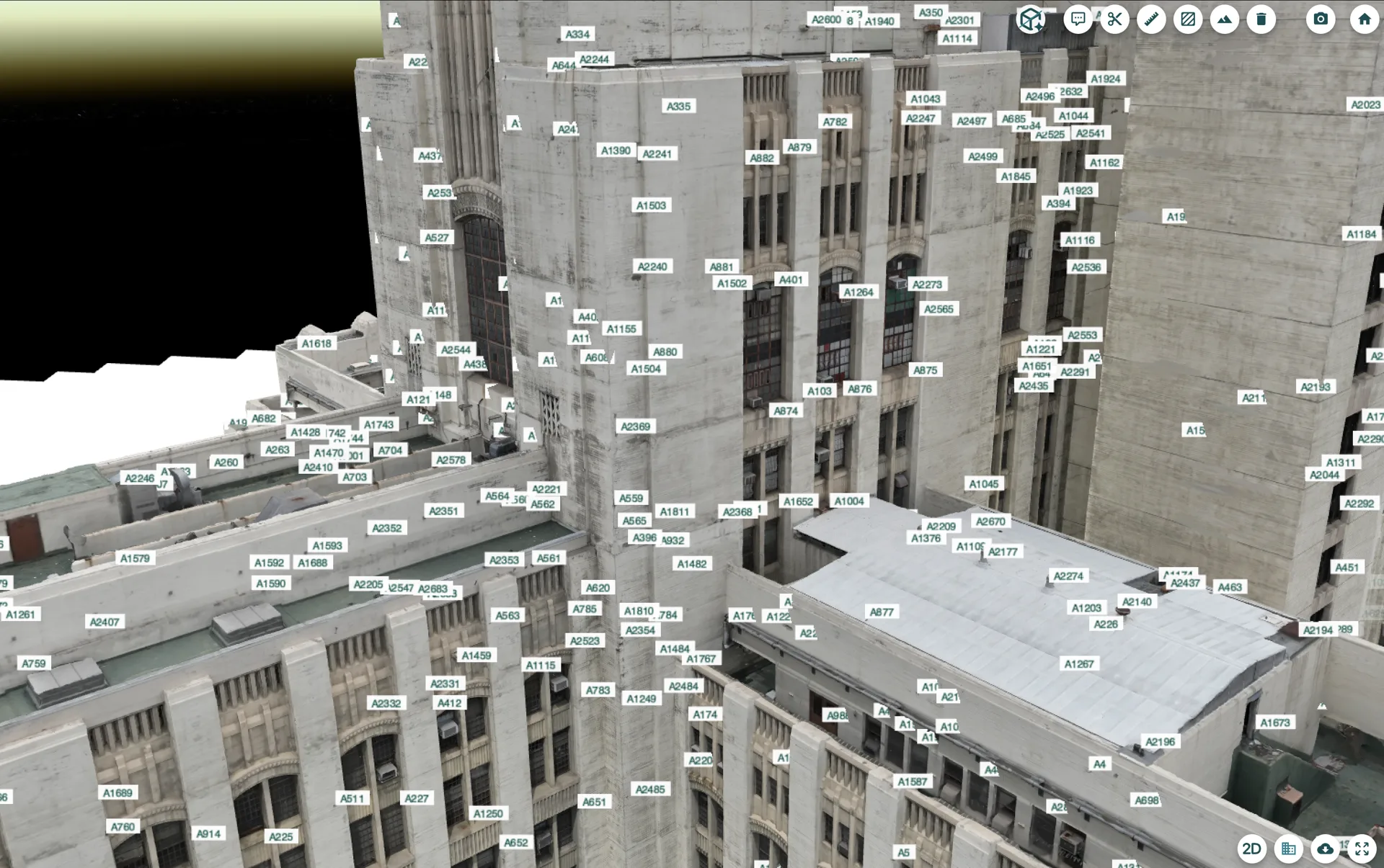 3D model of a grey art deco building with numbered annotation labels
