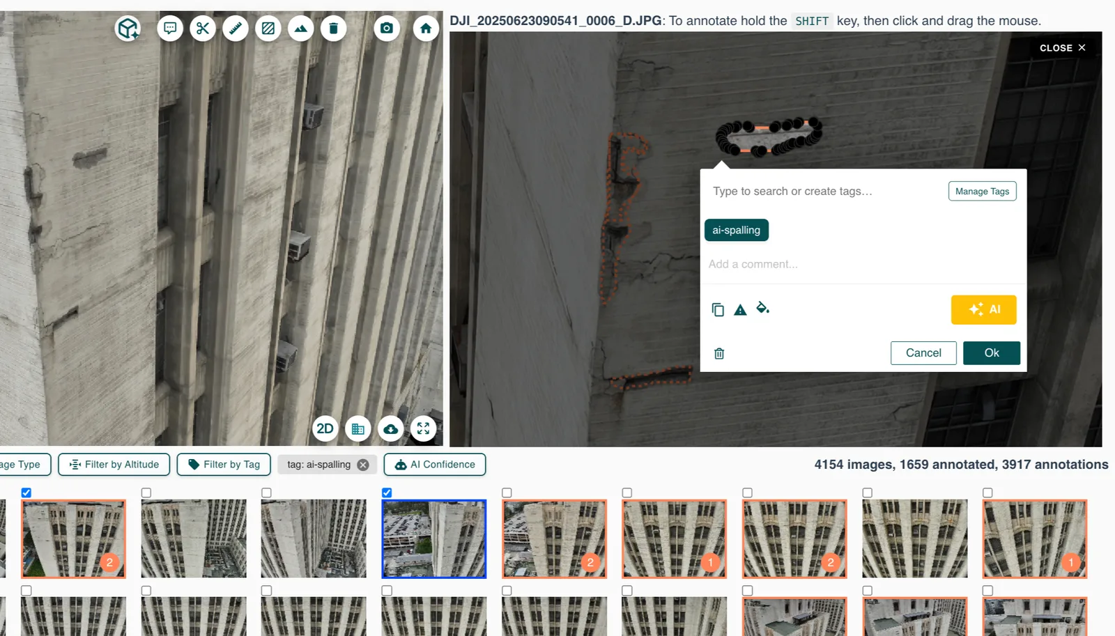 Hammer Missions web app showing a building with an AI spalling tag dialog open