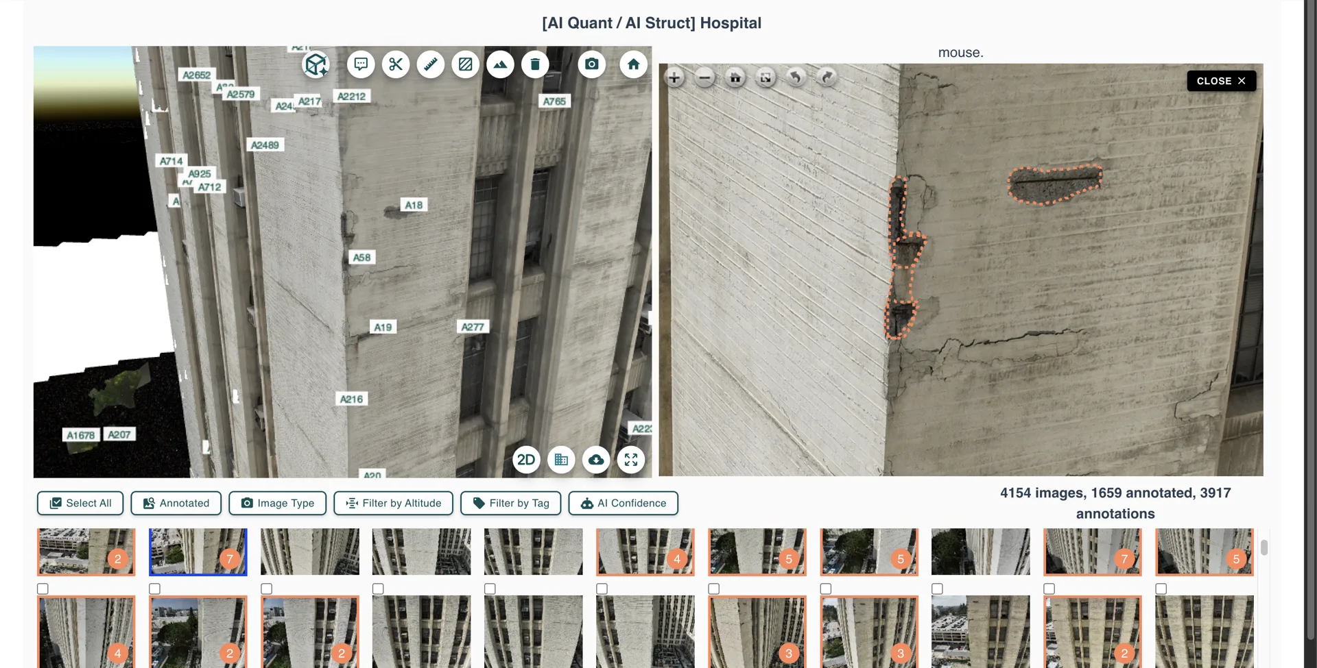 Annotation tool showing a cracked hospital facade with labelled damage and thumbnails