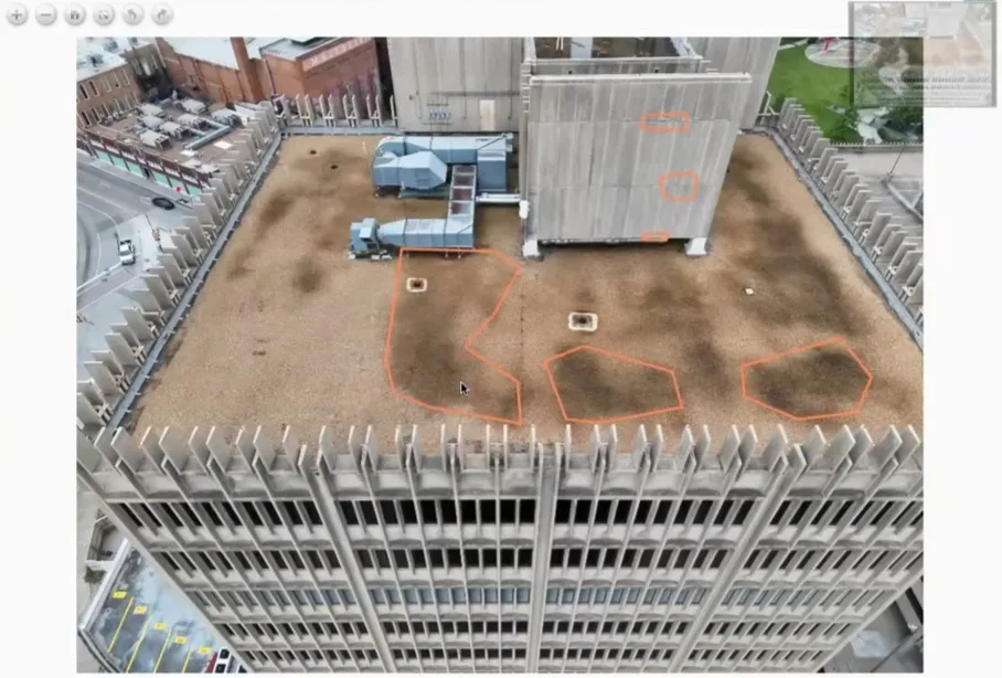 Building facade with water stains digitally marked up in the inspection platform