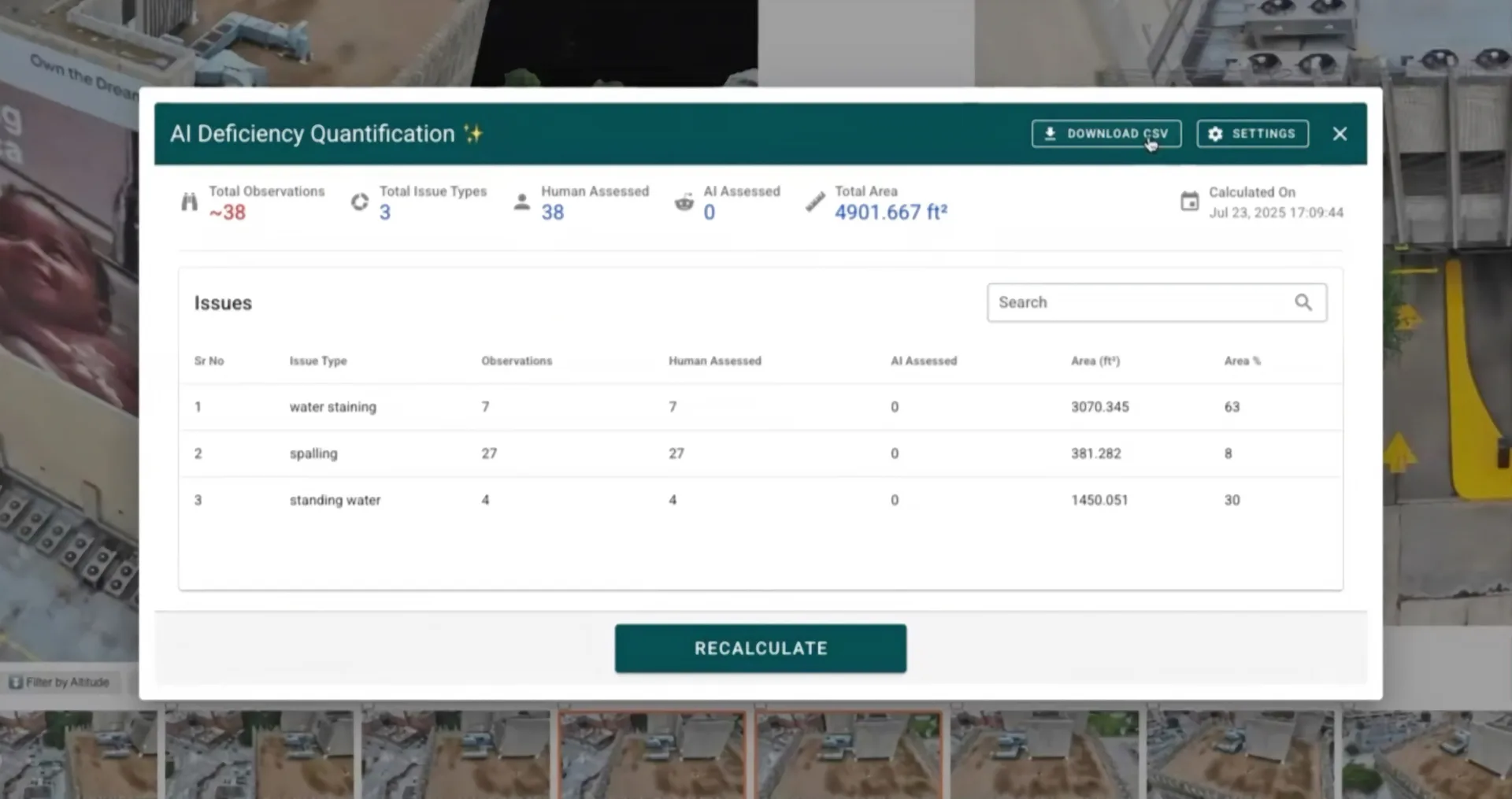 AI defect detection report showing detected issues with the building