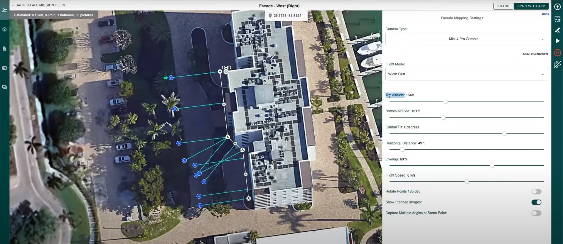 Facade mission planning on a digital map with camera settings configured