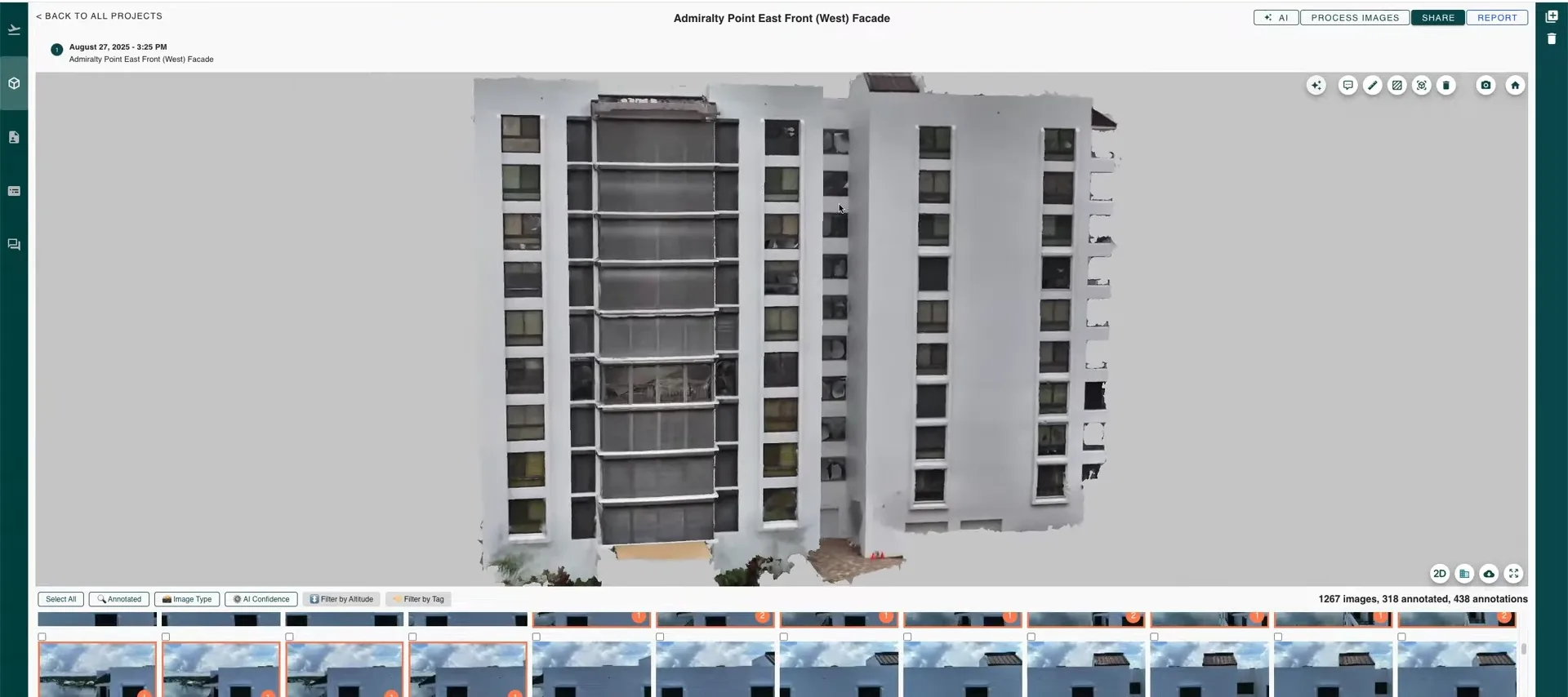 3D model of the building facade rendered in the inspection platform