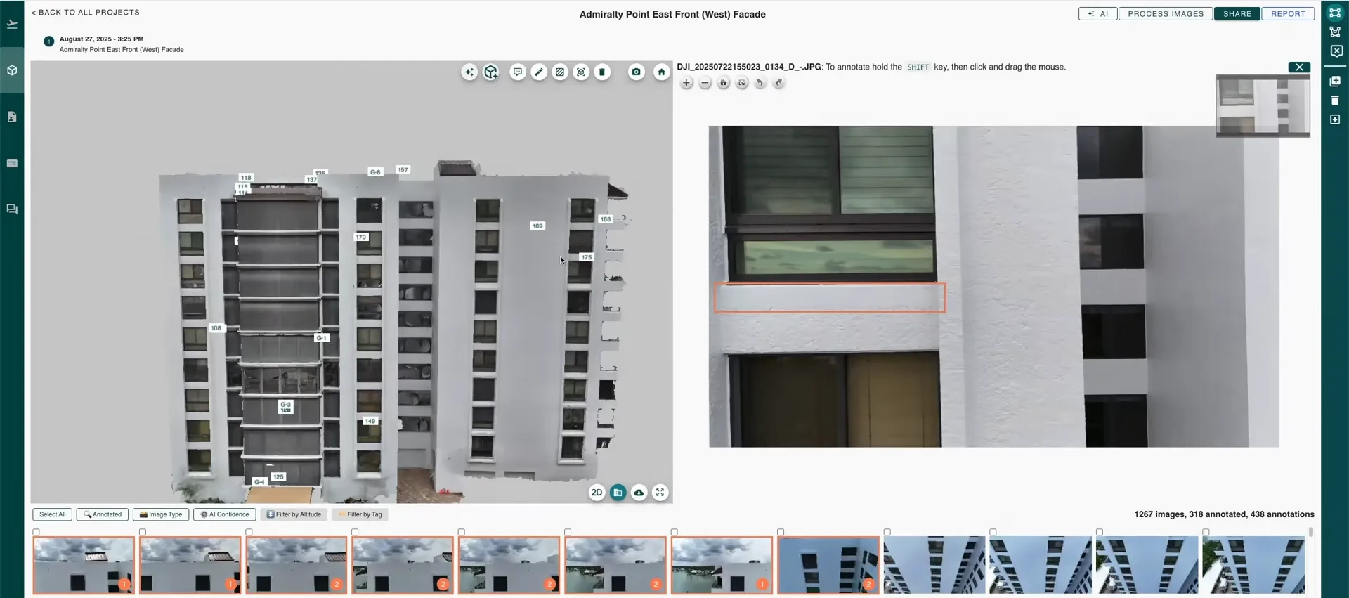 AI defect detection annotating stucco patches and dented shutter boxes on the facade